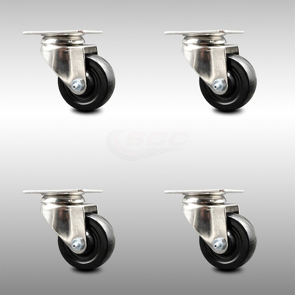 3 Inch 316SS Hard Rubber Wheel Swivel Top Plate Caster Set
